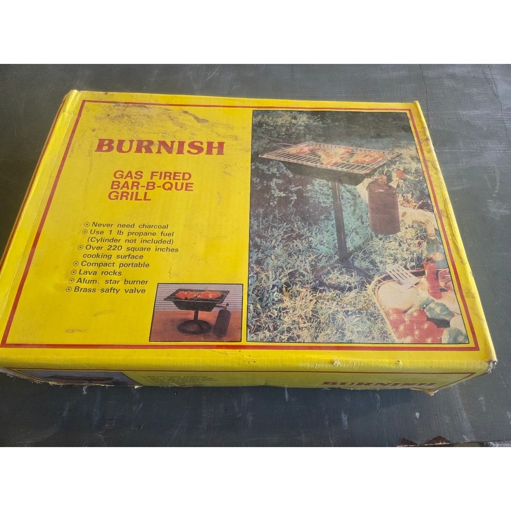 Burnish Gas Fired Bar-B-Que Grill VTG Portable Propane BBQ Lava Rocks SEE NOTES